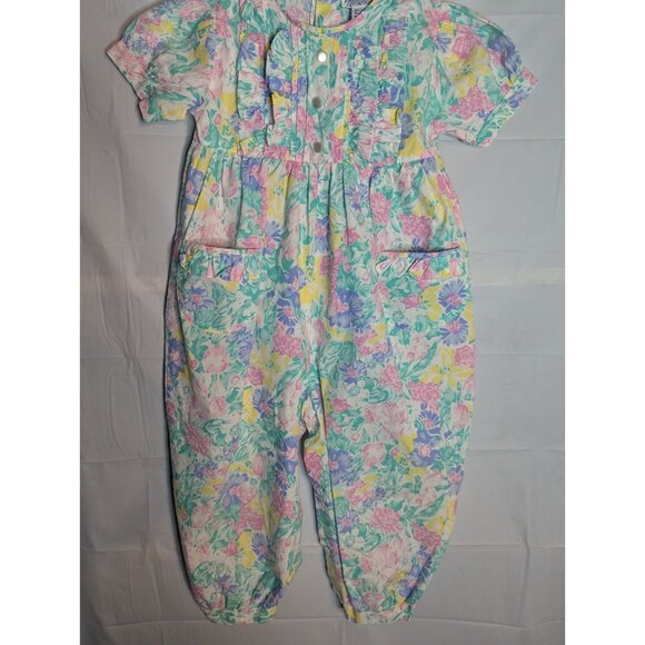 Friedknit Creations Girls Toddler Pastel Floral Romper Sz 3T Ruffles 90s Easter - Picture 9 of 13